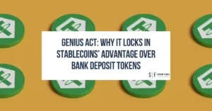 Tether stablecoin icons on gold background with headline "GENIUS Act: Why It Locks In Stablecoins’ Advantage Over Bank Deposit Tokens"