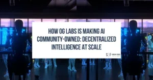 Futuristic AI lab with digital humanoid figures and data screens at sunset.
