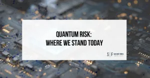 Quantum computing chip with overlay text “Quantum Risk: Where We Stand Today” and Sarson Funds branding.